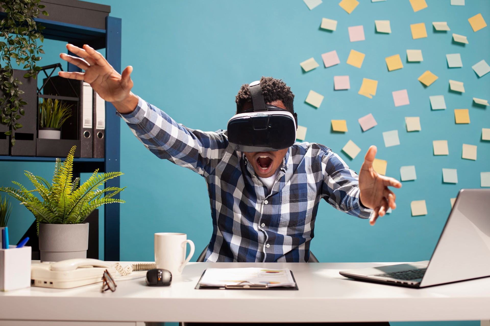 Man using VR headset with mouth open